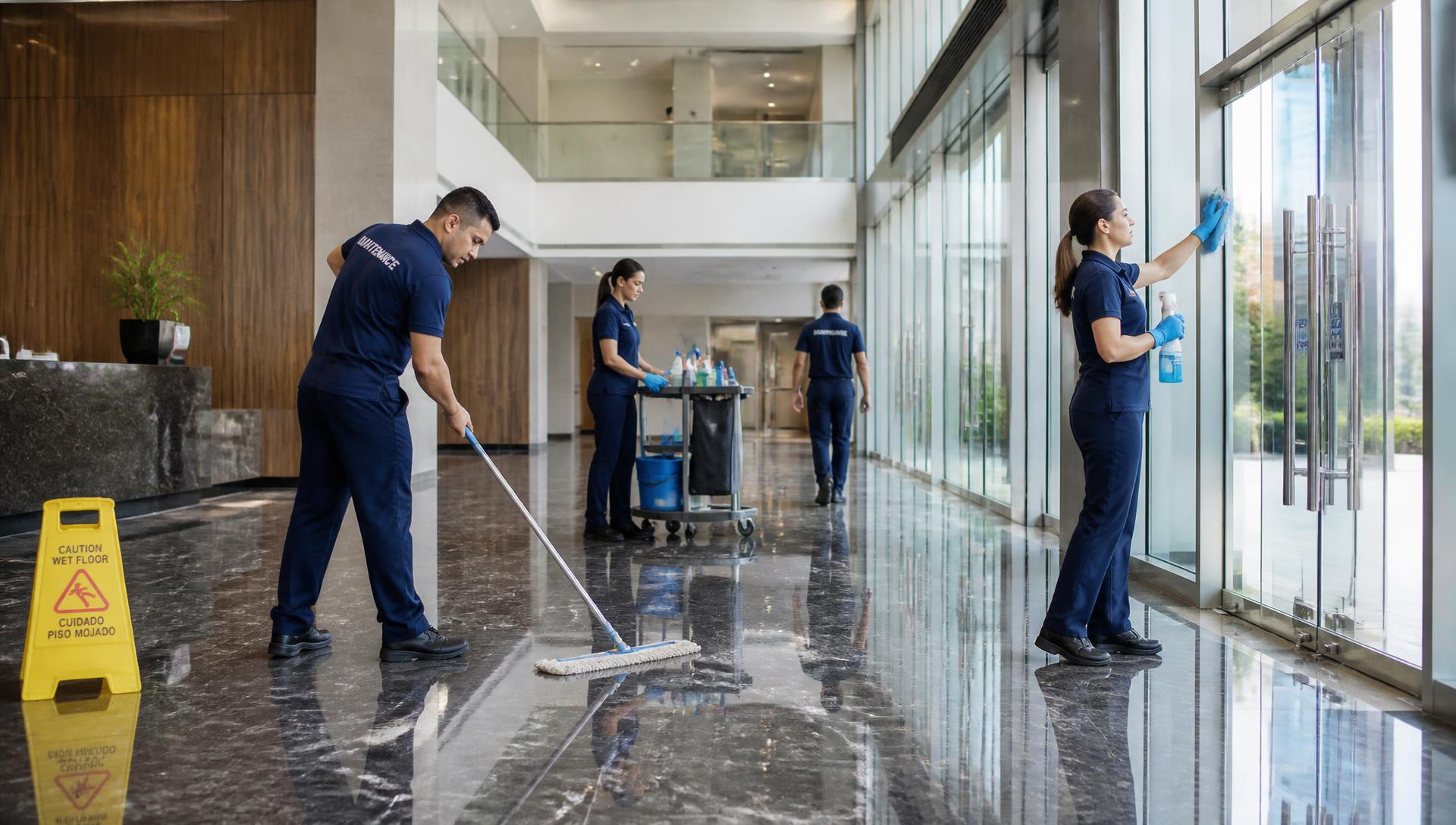 Equipo de SIGEL Limpieza trabajando en el hall de un edificio
